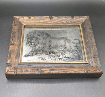 Lion Mirror, Reverse Etched, Small Wood Framed, Unknown Artist