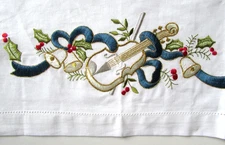VTG Christmas Embroidered Musical Violin Holly Ribbon Linen TableclothTopper 34"