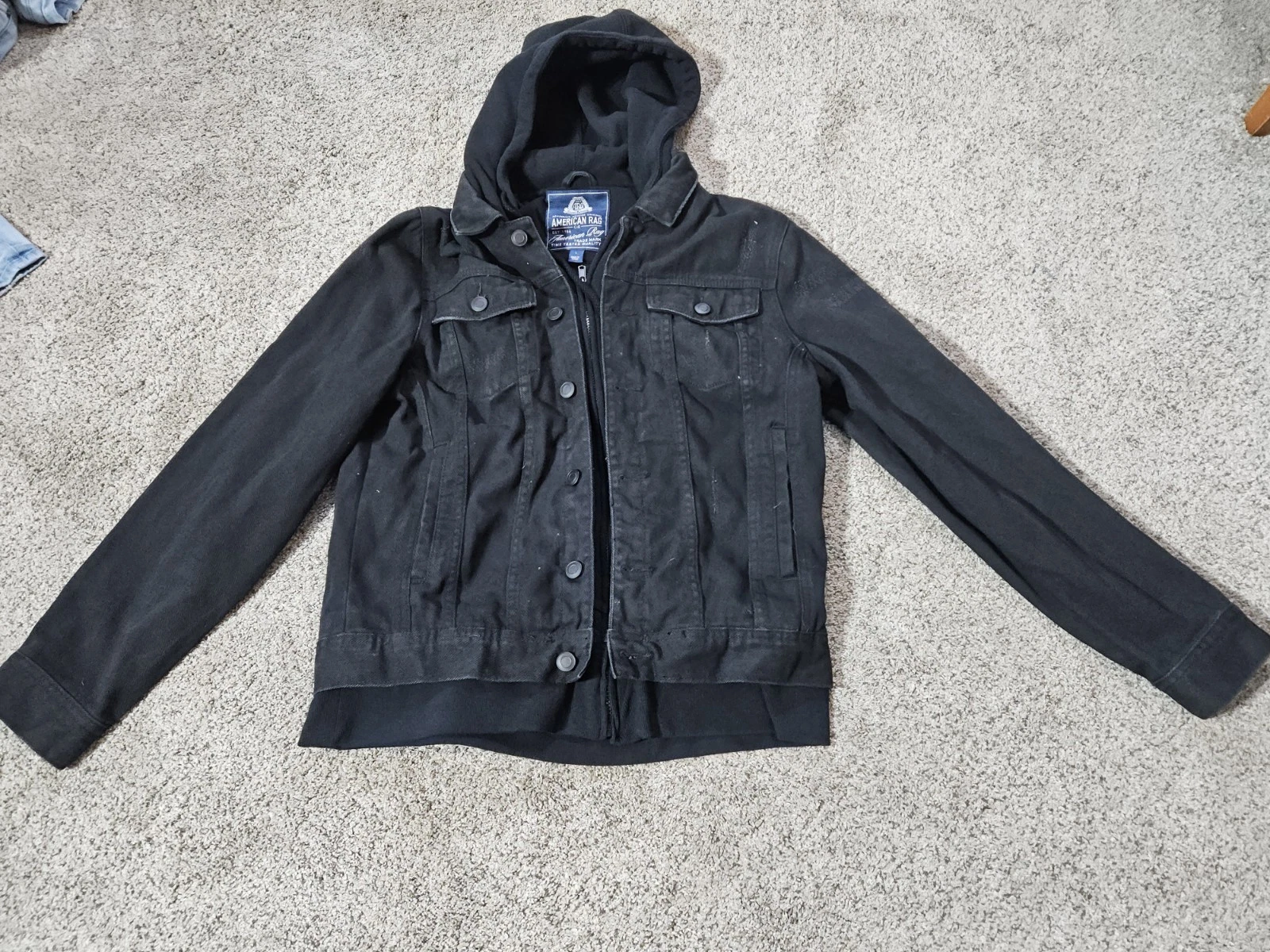 Large American Rag Mens Black Hooded Trucker Jean Jacket