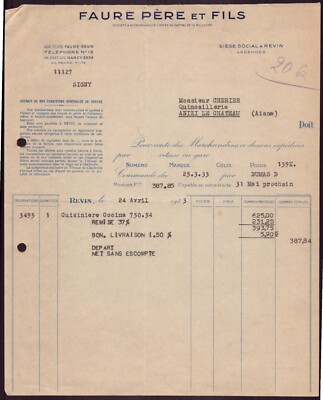Rechnung '' Faure Vater und Sohn '' Köchin, Revin, 1933