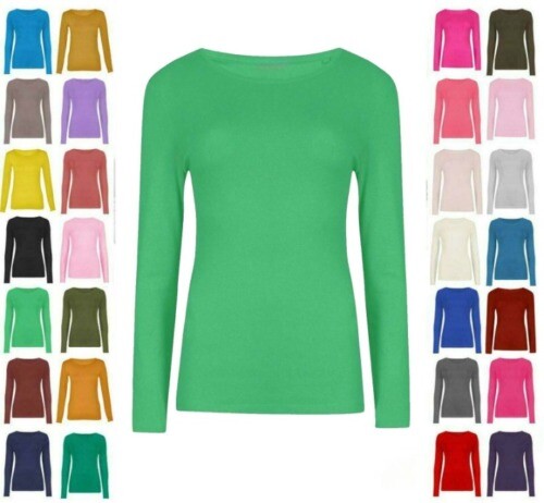 LADIES PLAIN TSHIRT WOMANS LONG SLEEVE SCOOP NECK T SHIRT TOP PLUS SIZE UK 8-26 - Picture 1 of 5