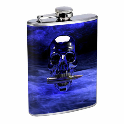 Blue Skull Bullet Em1 Flask 8oz Stainless Steel Hip Drinking Whiskey