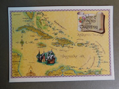 Postcard - West Indies and the Caribbeans  - old map view