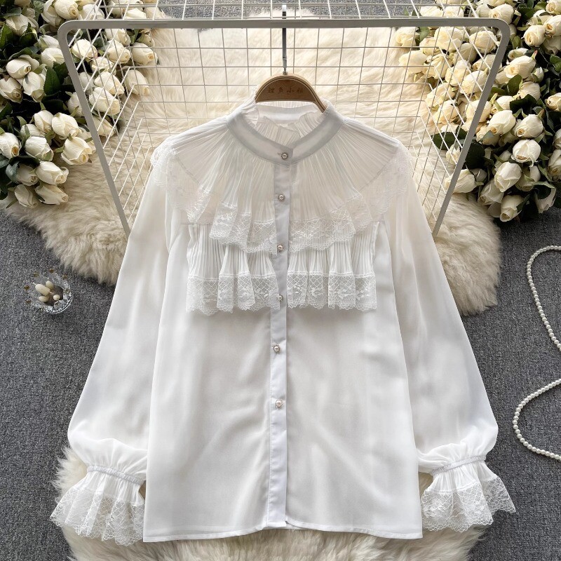 Women Lace Chiffon Blouse Shirts Tops Ruffle Tiered Puff Sleeve