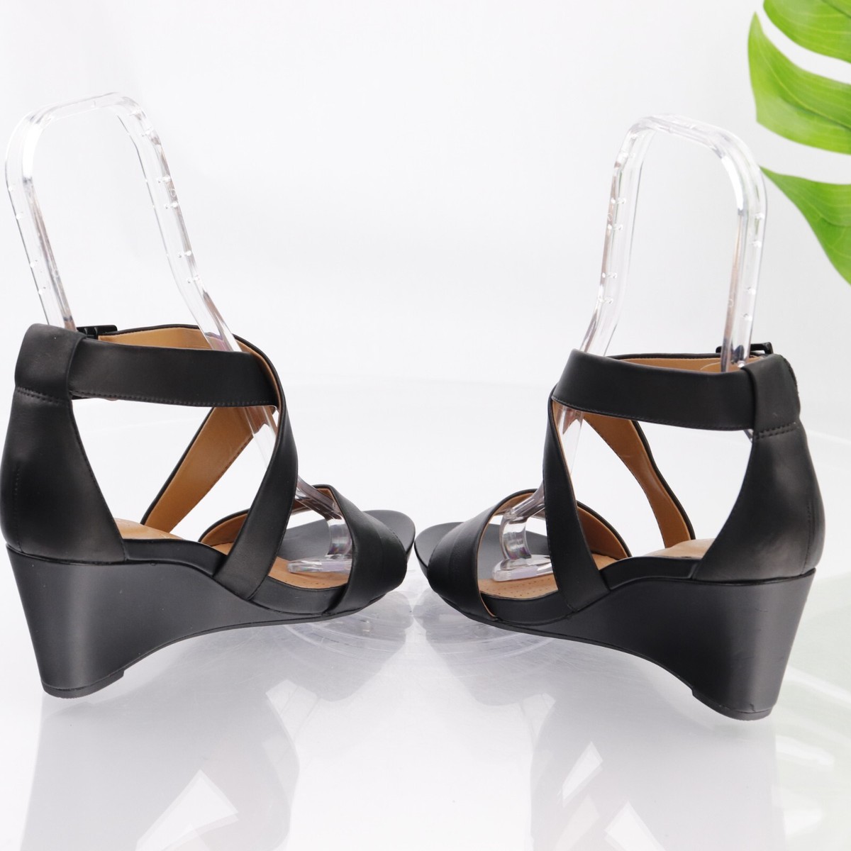Clarks Women Acina Newport Sandal Size 8 Black Leather Wedge Heel