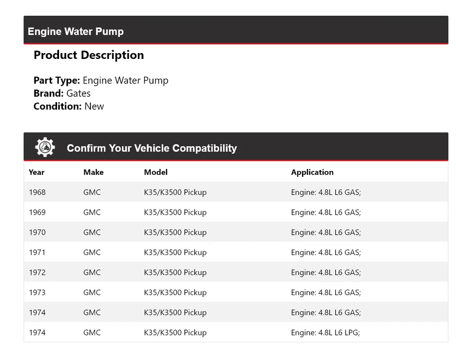 For 1968-1974 GMC K35/K3500 Pickup Engine Water Pump Gates 1969 1970 1971 1972 - Image 2 of 4
