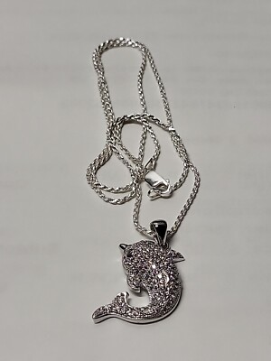 Italian Sterling Silver Iced Dolphin Pendent Paved Cz Stones 16 In Long Twisted