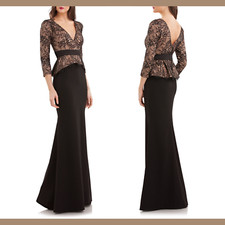 NWT 288 JS COLLECTIONS 4 Lace Crepe Peplum Gown Black/Nude F344