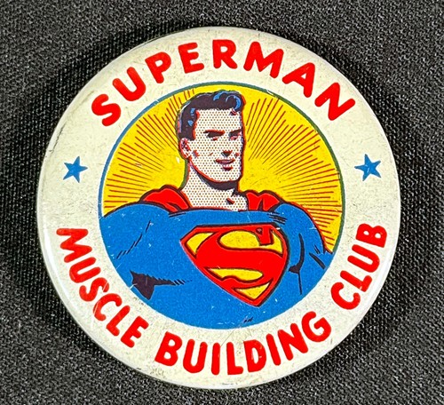 Vintage 1950s Original Superman Muscle Building Club Pin-Back Button 1 3/8" ~EUC