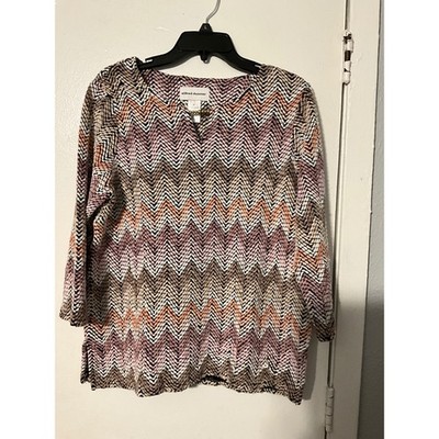 Alfred Dunner Women Medium Pink Orange Chevron Zigzag 3/4 Sleeve Knit Blouse Top