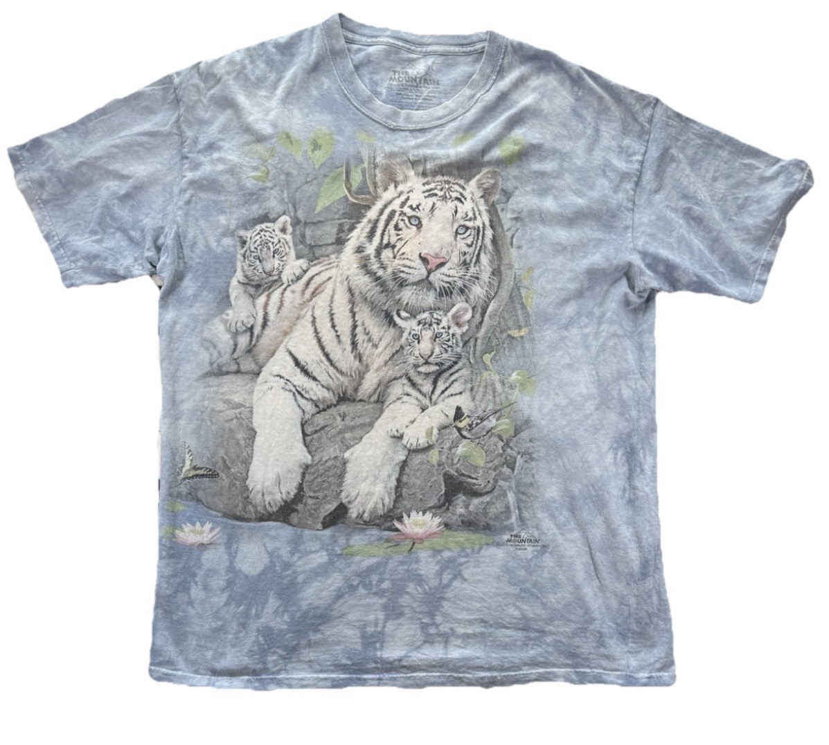 The Mountain White Tigers T Shirt Men's XL Blue Tie Dye Wildlife Nature AOP