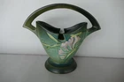 antique roseville pottery Freesia green handled basket 390 - 7  7 inch tall 1945