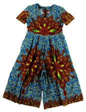 VTG Handmade Blue Brown Floral Green Cotton Wide Leg Pocket Cropped Jumpsuit M