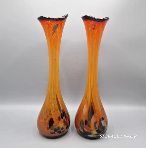 Vintage Set of 2 Hand Blown Murano Style Glass Multicolor Vases 12.5" Tall