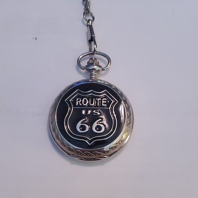Route 66 Full Hunter Silver Case Black Dial Pocket Watch with Chain