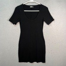 Reformation Size Medium Black Ribbed Short Sleeve Scoop Neck Dress Tencel Blend