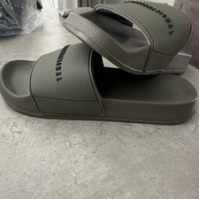 DJK International Core Logo Pool Slides Men?s Khaki Leather Slip-On UK 7