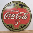Drink Coca Cola 5 Cents ROUND TIN SIGN coke vtg rustic home bar wall decor