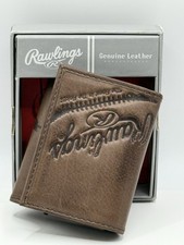 Rawlings Genuine Leather Tri-Fold Wallet Brown Baseball Stitch w/ Box -BRAND NEW