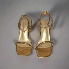 Gold Strappy Block Heel Ankle Strap Buckle Synthetic Party Sandals Women's