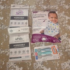 Bibsters Disposable Bibs Size Large 6M 32-Pack Baby w/ Mat Buddy Placemats Lot