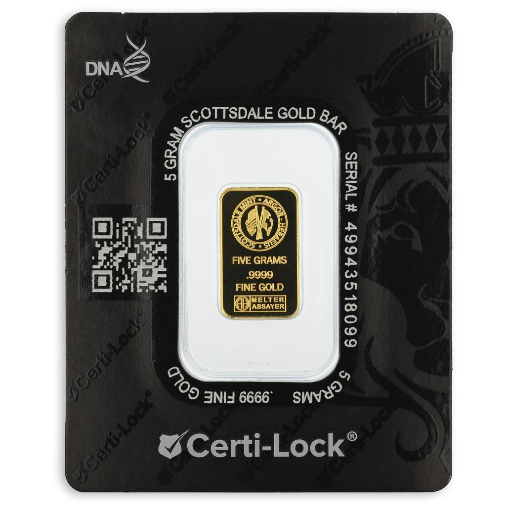 5 gram .9999 Gold Bar - Sealed in Certi-LOCK COA by Scottsdale Mint #A377