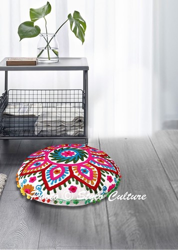 Suzani Embroidered Floor Pillows 18 in Round Art Small White Floor Cushions Case - 第 1/7 張圖片