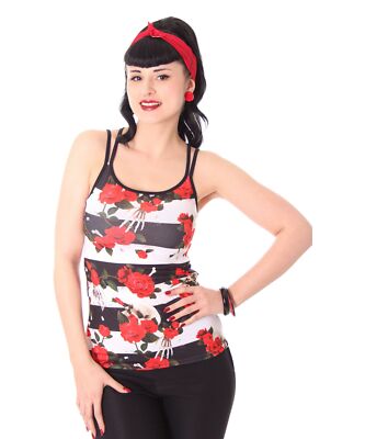 Liquor Brand Skull & Roses Streifen Tattoo Rockabilly Spaghettiträger Top