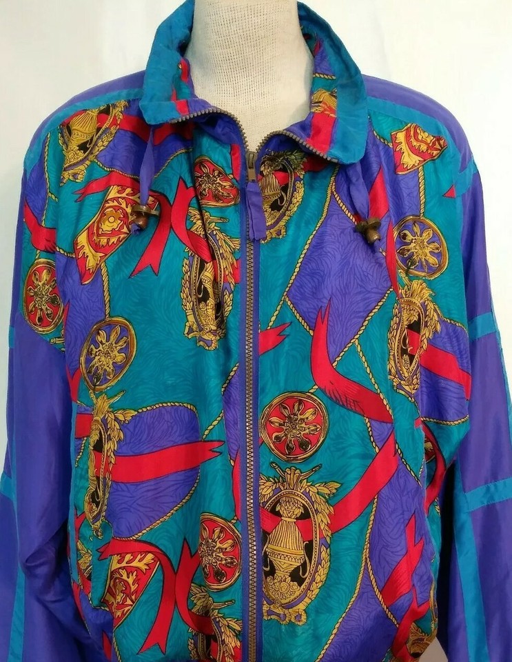 Vintage 80s 90s Blue Sunterra Baroque Jewels Printed Shell Bomber Jacket XXL