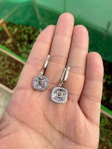 2Ct Cushion Cut Lab Created Aquamarine Halo Stud Earrings 14K White Gold Plated - Picture 3 of 6