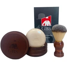 G.B.S Wooden Shaving Set, Synthetic Shaving Brush, Bowl w/ Lid and Shave Soap