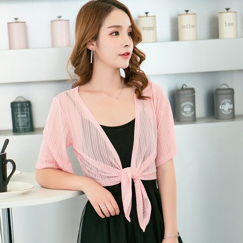 Cárdigan de mujer transparente encogido de hombros corbata frontal manga 3/4 bolero chaqueta top - Imagen 7 de 9