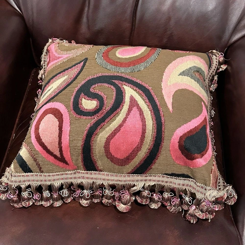 Custom Woven Throw Pillow Down Insert Feather Tassels Paisley Earthy 16"x 16" - Image 4 of 4