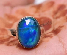 Aurora Blue Opal 925 Sterling Silver Adjustable Ring Oval  Beautiful Women Ring