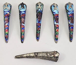 Vintage Chinese Silver? Plated? Enamel Fingernail Guard (6-set)