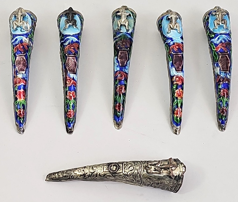 Vintage Chinese Silver? Plated? Enamel Fingernail Guard (6-set)