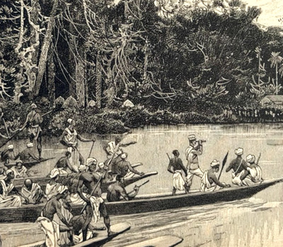 1890 Meeting Rear Column Banalya River Canoe Wood Engraving Henry Stanley Africa
