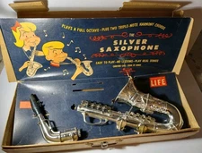1950s Rare Plastic Emenee Gold & Silver Saxophone Instrument Toy In Original Box