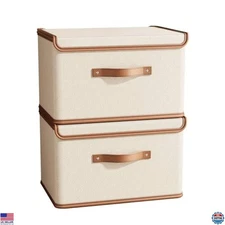 2 Pack Medium White Fabric Storage Bins with Lids, Collapsible Organizer Boxes