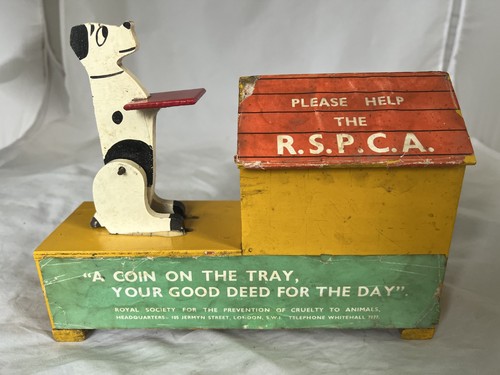 VINTAGE R.S.P.C.A CHARITY COLLECTION BOX with BEGGING DOG