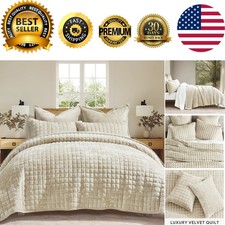 Chic King Size Velvet Quilt Set   Machine Washable Comforter in Elegant Beige