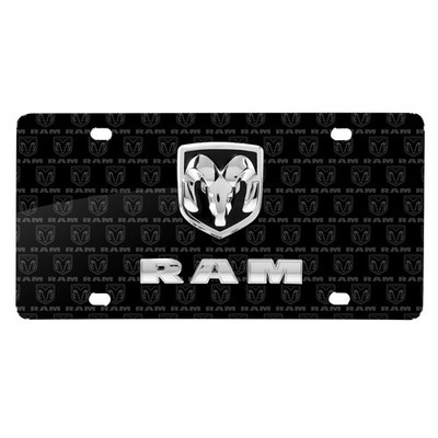 RAM 3D Dual Logo on Logo Pattern Black Aluminum License Plate