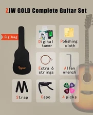 ZJW Gold 41” Acoustic Guitar For Adults Teens & Beginners. Complete Bundle & Bag