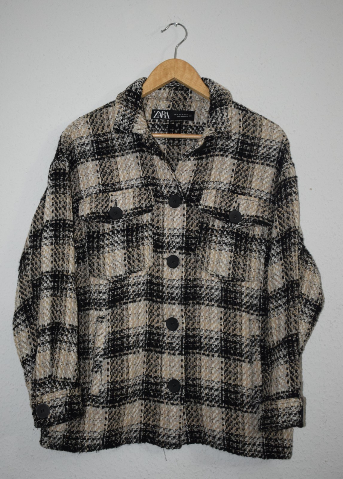 Zara Textured Plaid Overshirt - Black and Beige (Size XS) image 2