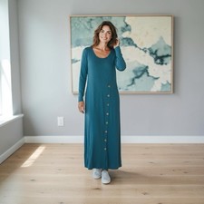 Soft Surroundings Women’s Size L Teal Maxi Dress Asymmetrical Button Detail