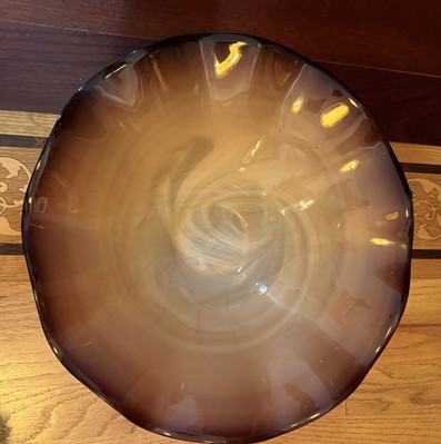 KROSNO JOZEFINA HAND MADE IN POLAND LARGE RUFFLED GLASS BOWL PLUM