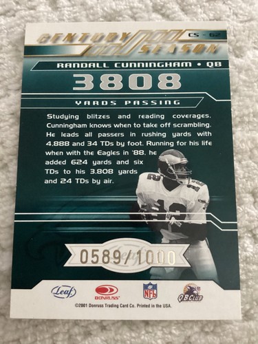 2001 Quantum Leaf Century Season #CS62 Randall Cunningham /1000 Eagles-Vikings - Picture 2 of 2