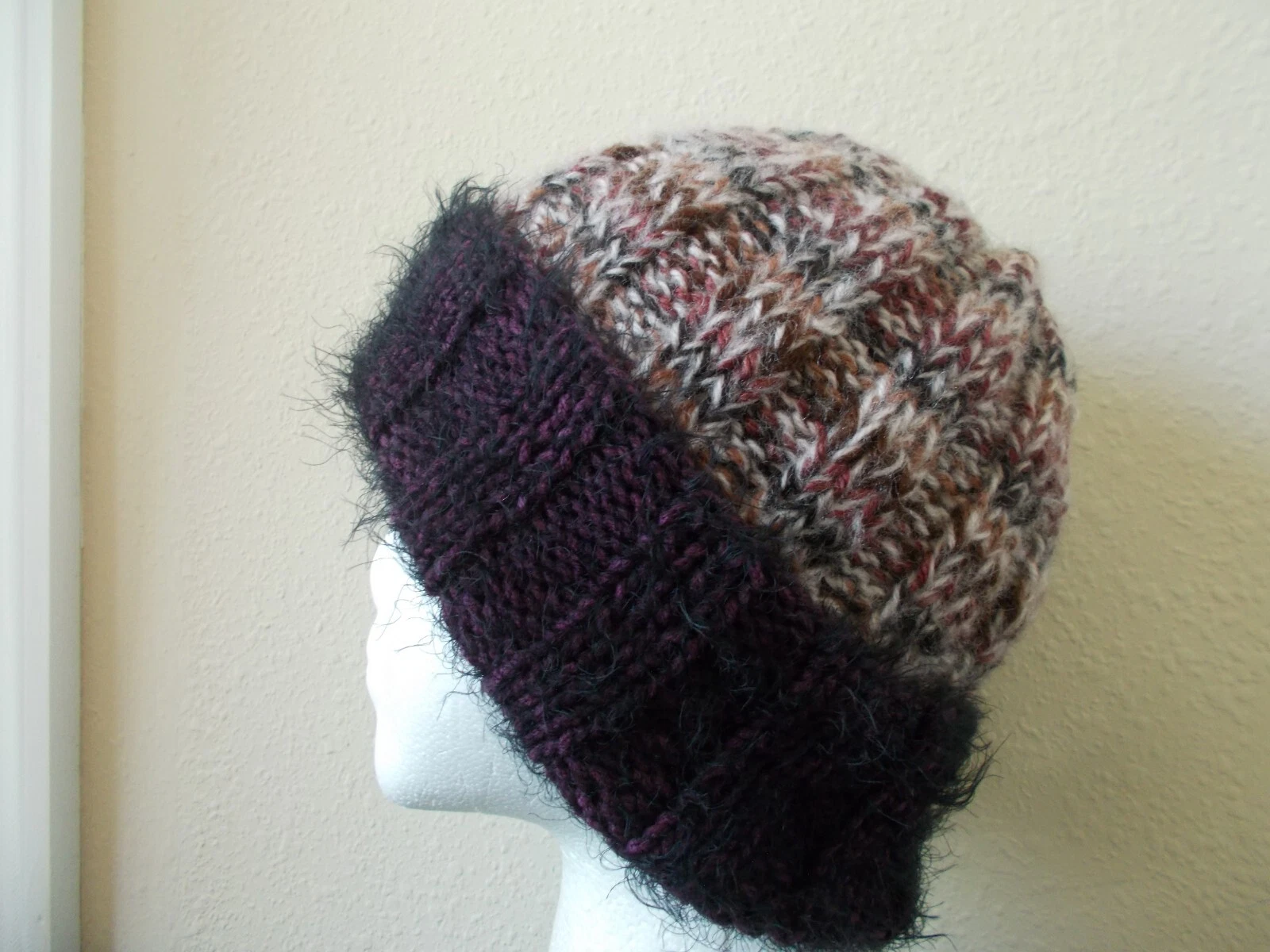 Hand knitted cozy and warm beanie/hat, dark purple/tan/brown tones