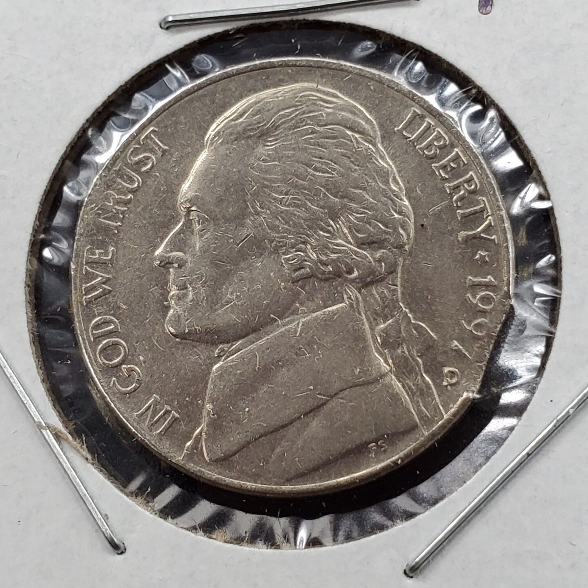 1997 D Jefferson Nickel 5c Clip Clipped Planchet Error coin XF EF