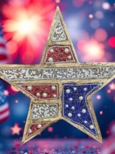 LARGE Wooden STAR  July 4 th Stars And Stripes Decor Rhinestone Beads Patriotic